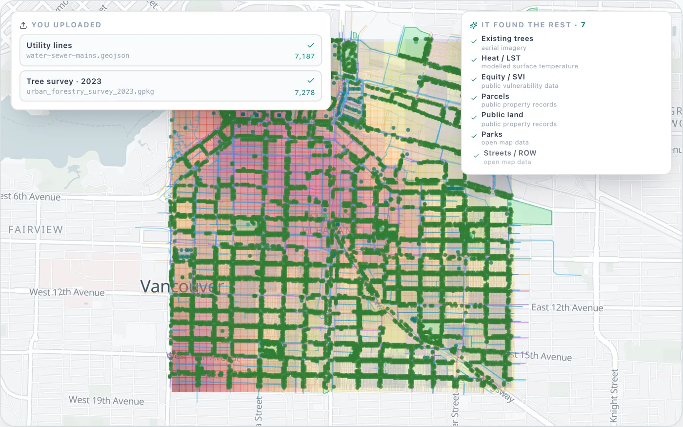 Urban Forestry analysis over Mount Pleasant, Vancouver: panels list the team's uploaded utility lines and tree survey, and seven layers the analysis found itself, including existing trees, heat, equity, parcels, public land, parks and streets.